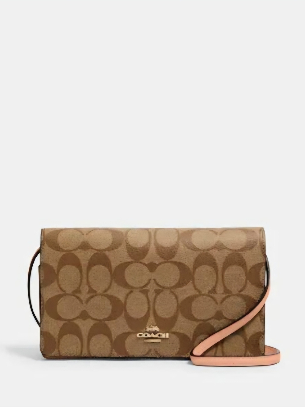 Coach Signature Canvas Crossbody with Tan Logo and Pink Strap